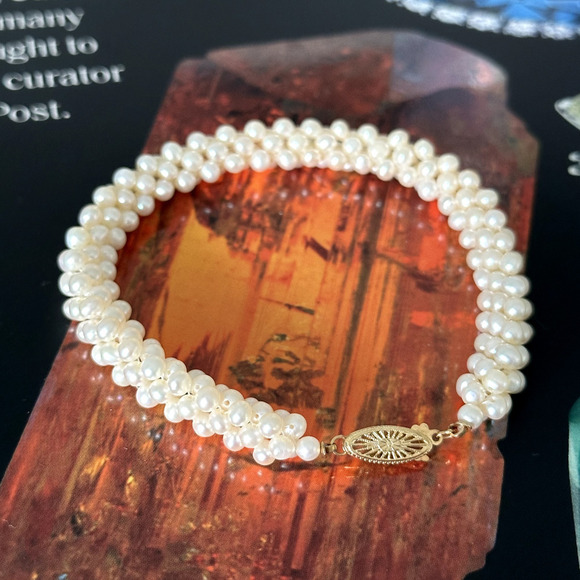 Vintage 14K Yellow Gold Genuine Real Pearl Multi Row Cluster Bracelet 7.75" - Picture 5 of 16